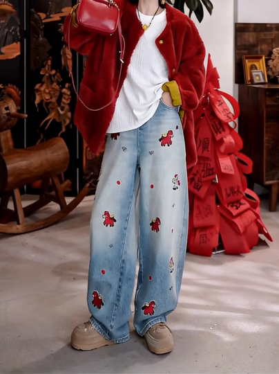 Embroidered Denim Scimitar Pants for Women, 2026 Spring, Plus Size, New Chinese Style, Cartoon High-Waisted Straight Wide-Leg Pants