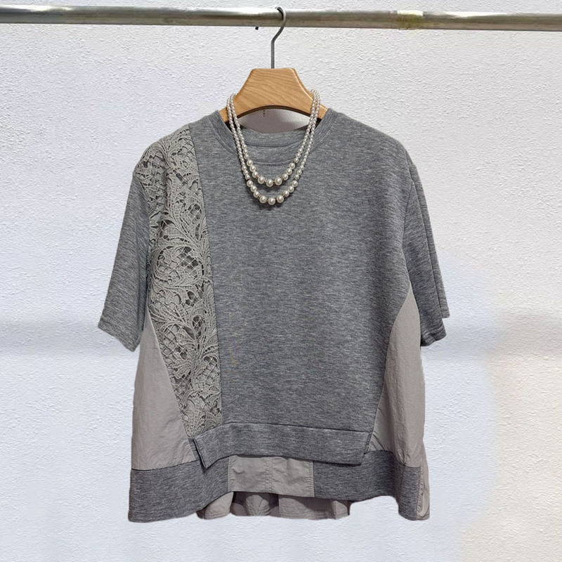 2026 Summer New Irregular Water-Soluble Floral Patchwork Back Pleated Women's Top Short Front Long Back Short-Sleeve T-Shirt