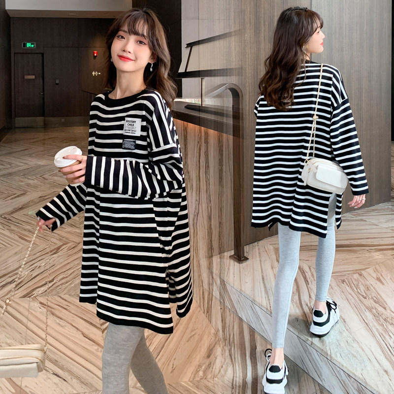 2022 Spring Dress New Suit Large Size Gestation Woman dress Han version Thin Striped Casual Blouse Slats Bottom Treehead Long Sleeve T-Shirt Woman