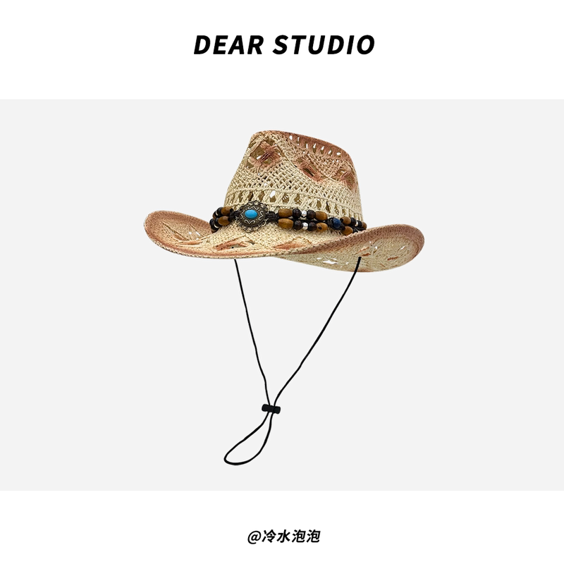 Ethnic Style Beaded Western Cowboy Hat for Women, Summer Outdoor Fishing Sun Protection Wide-Brimmed Straw Sunshade Beach Hat for Men