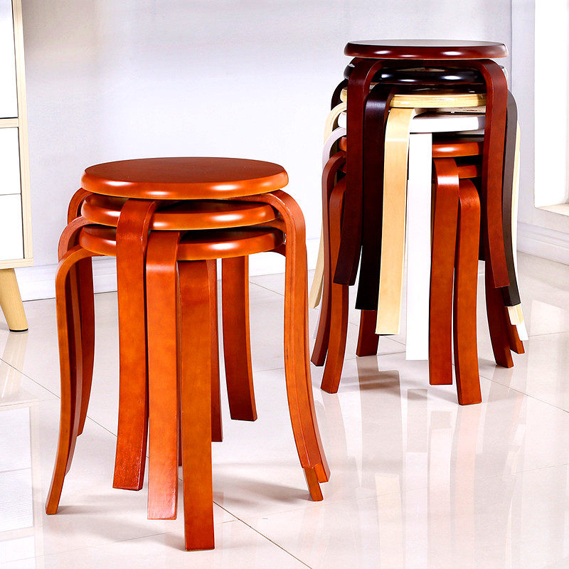 Simple wood high stool Solid wood dining table stool Fashion small round stool Curved wooden stool Household adult chair wooden stool