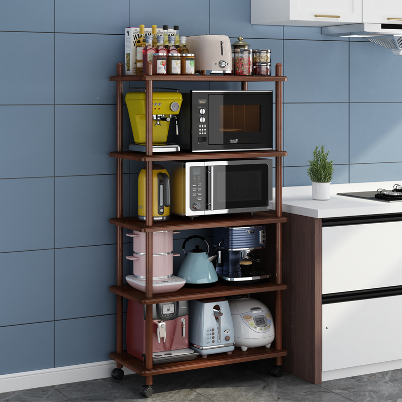 Solid wood kitchen with wheel microwave oven holder rack villa Chinese storage shelf multifunctional pan frame