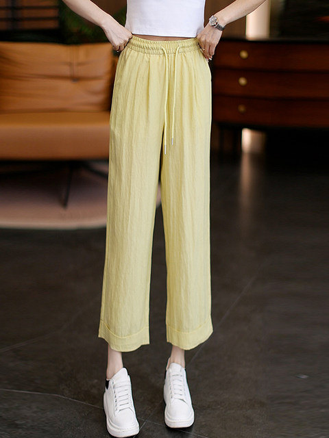 Lazy style breathable sweat-absorbent loose cotton and linen wide-leg pants 2026 summer new lemon yellow slimming linen eight-quarter pants