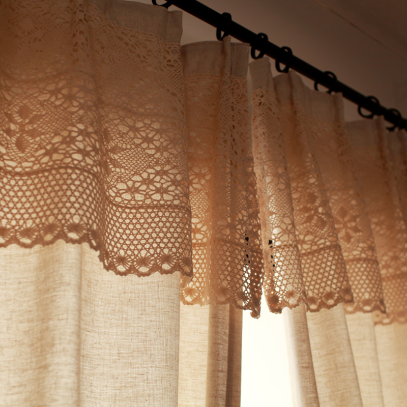 Custom American country solid color crochet curtain head finished curtain floor-to-ceiling window bay window literary retro living room dining room