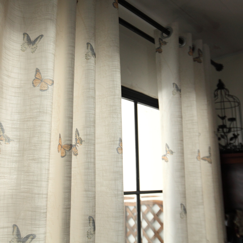 Custom American Countryside Semi Shading Floor Window Finished Bedroom Living Room Living-room Floating Window Machined Perforated Curtain Butterfly Feather Fly