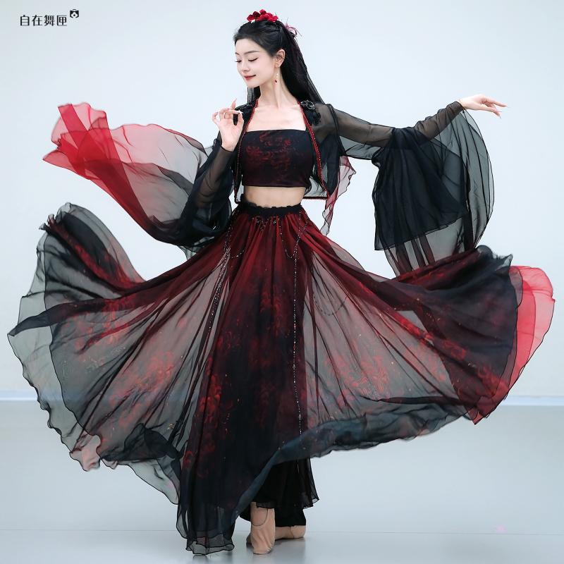 Classical Dance Performance Costume for Women, Ancient Style Black and Red Large Skirt, Elegant Fairy Skirt, Chinese Style Hanfu, Dynamic Performance Costume