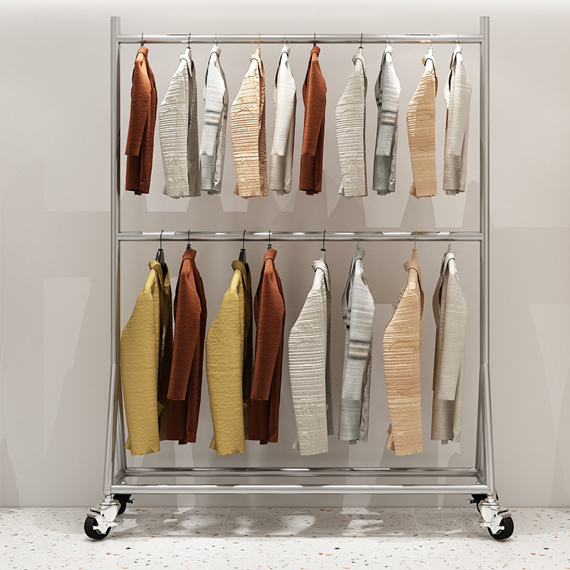 Stainless steel brushed garment display rack double-layer hanging hanger special floor-to-ceiling gantry shelf display mobile belt wheels