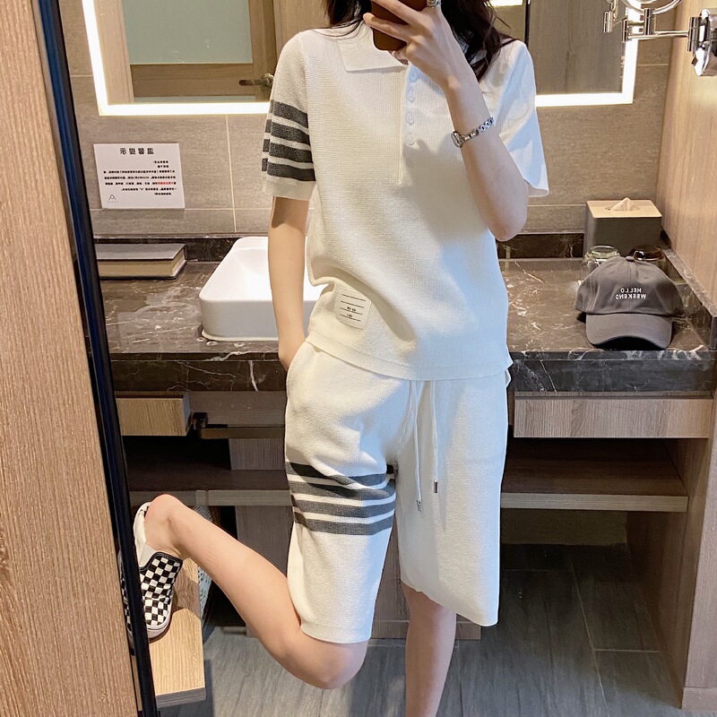 High-End Tb Summer New Short-Sleeve Polo Shirt Women's Casual Sports T-Shirt Set Petite Waffle Shorts