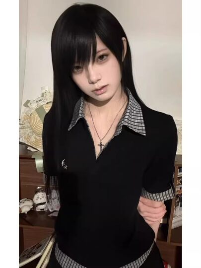 American Retro Plaid Patchwork Polo Collar Short-Sleeved T-Shirt for Women Summer 2026 New Style Y2K Hot Girl Fake Two-Piece Top