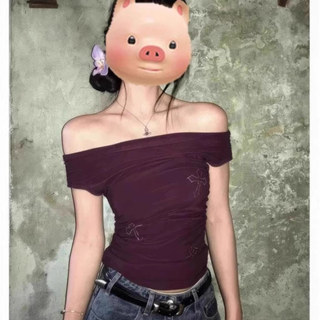 French-Style Sexy Off-Shoulder Short-Sleeve T-Shirt for Women, Summer Sweet and Spicy Chic Waist-Cinching Short Purple Top