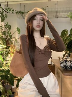Pure Desire Square-Neck Bow Long-Sleeve T-Shirt for Women, Spring and Autumn Design, Short Base Shirt, Tight-Fitting and Stunning Top