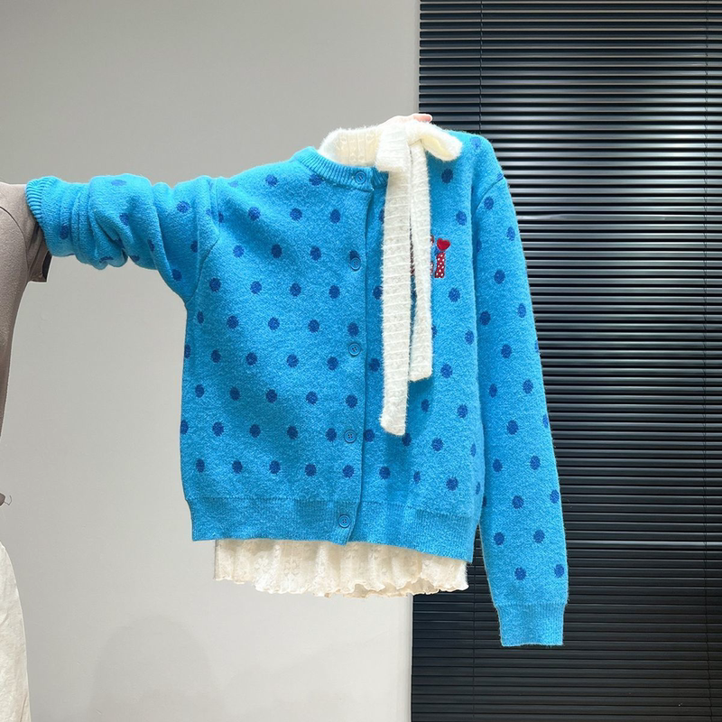 Retro Polka Dot Round Neck Cardigan Sweater Jacket for Women, New Autumn Short Style, Soft and Lazy Style Knit Top, Trendy Retro Polka Dot Round Neck Cardigan Sweater Jacket for Women, New Autumn Short Style, Soft and Lazy Style Knit Top, Trendy