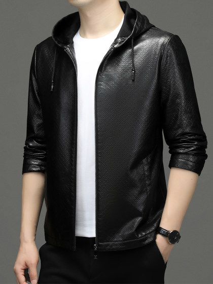 秋季新款海宁真皮外套进口头层牛皮皮衣男休闲纯色短款连帽皮夹克