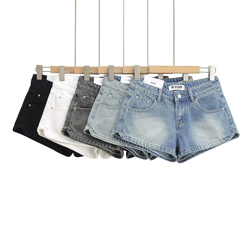 Side-Slit Low-Waist Denim Shorts for Women, Summer European and American Style, Ultra-Short, Petite, Loose, Wide-Leg, A-Line Hot Pants, Trendy