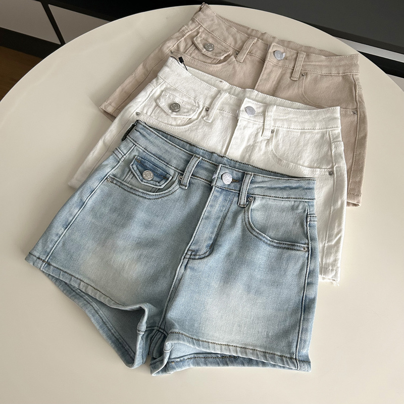 American-Style High-Waisted Ultra-Short Denim Shorts for Women, Summer Elastic Slim-Fit Hip-Hugging Three-Dimensional Pocket Hot Pants for Sexy Girls