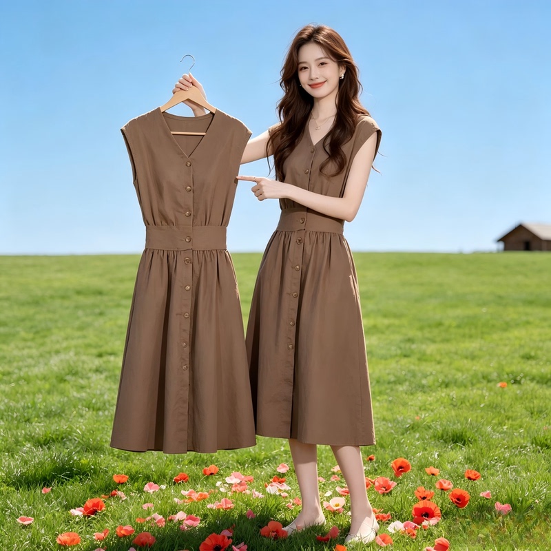 Women's High-End Loose-Fitting Vintage French V-Neck Dress, Mature Style Tank Dress with Single-Breasted Buttons in Coffee Color