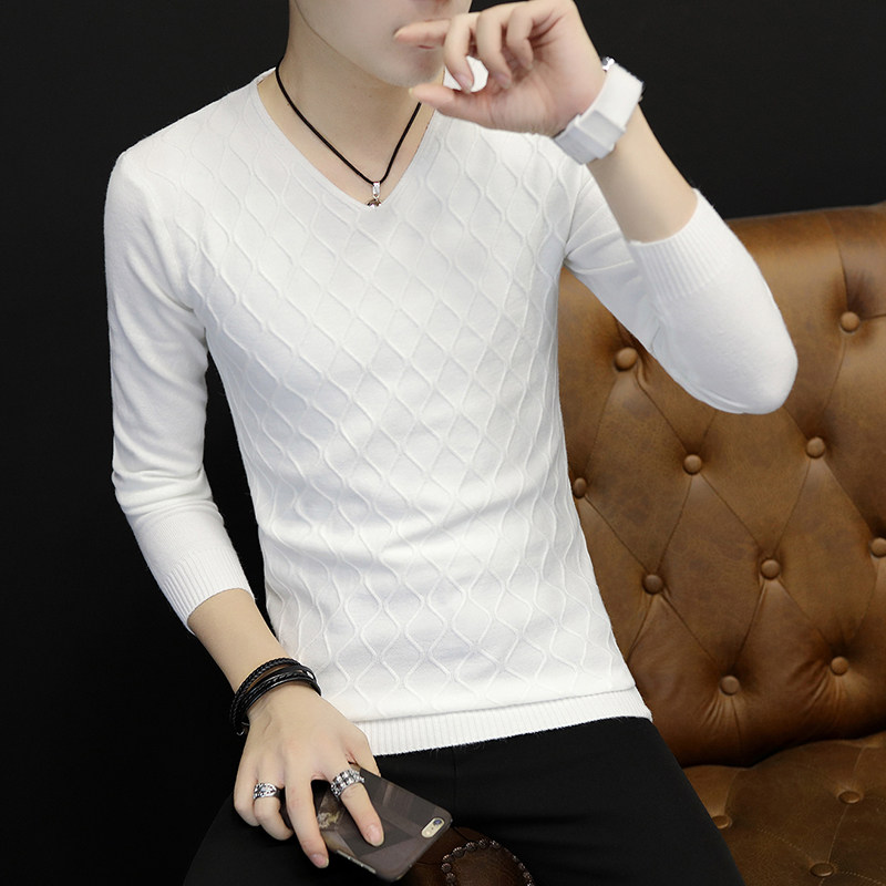 Spring and autumn new white V-neck sweater men's autumn and winter trend personality slim thin bottoming wool sweater