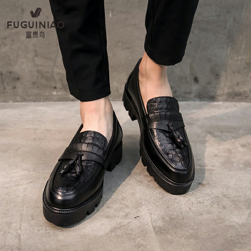 Casual leather shoes men's summer genuine leather breathable tides Inn one foot pedal thick bottom inner heightening round head black 100 hitch