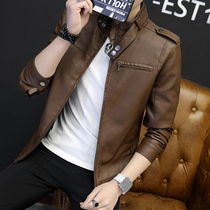 Spring and autumn leather mens jacket trend Korean version of slim leather autumn and winter plus velvet thickened handsome motorcycle leather jacket