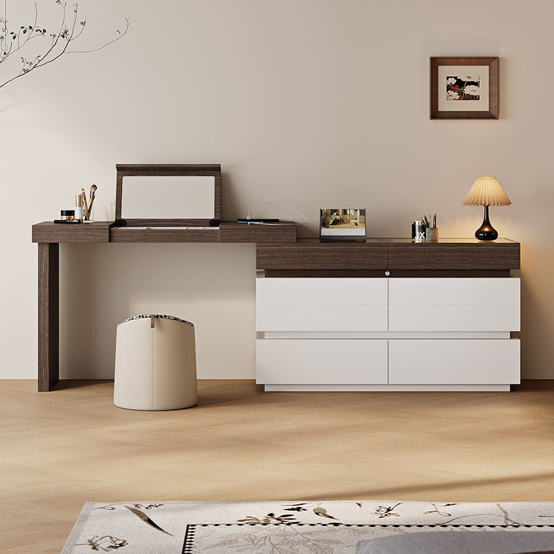 Xizi Zhuang Walnut Wood Color-Blocked Flip-Top Dressing Table and Chest of Drawers Integrated Bedroom Bedside Solid Wood Makeup Table with Ambient Lighting