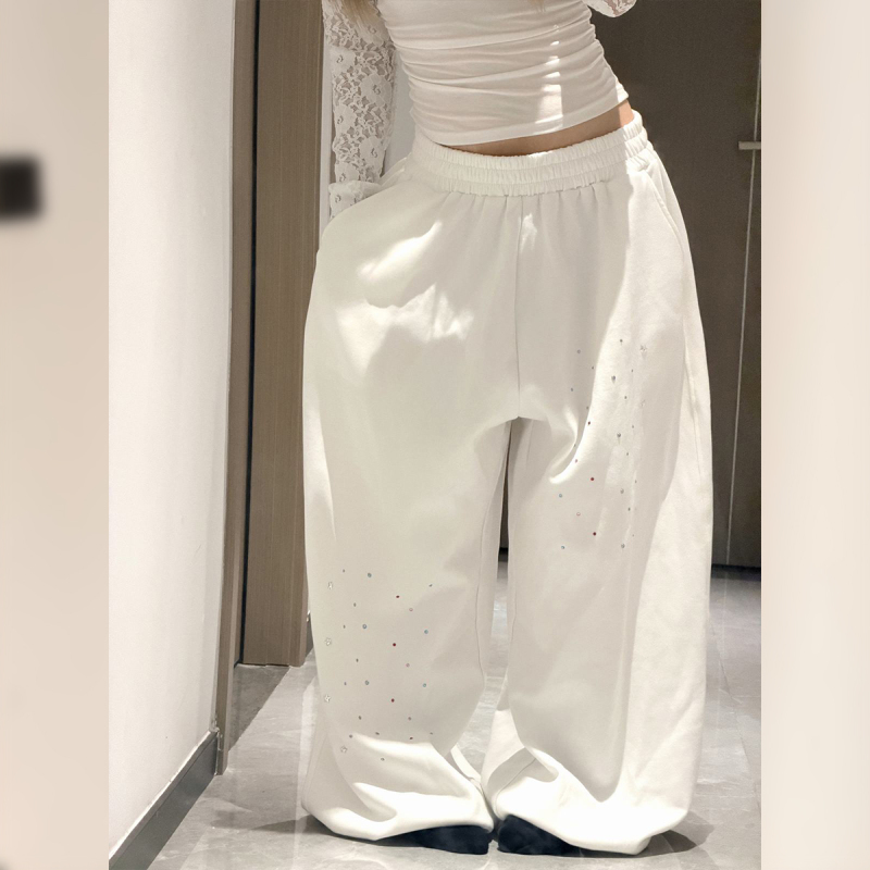 Rv Design Elastic Waist Jazz Dance Colorful Rhinestone Embossed Tapered Stacked Wide-Leg Loose Sweatpants Dance Pants for Women