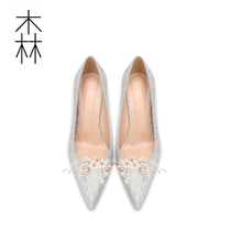 2022 New bride wedding show and wedding dress Two wearing pointed pearls Water drill fine with single shoe Silver High heel Shoe