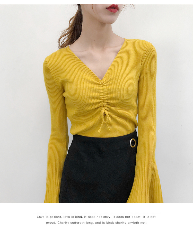 Áo len mùa thu đông 2018 nữ phiên bản Hàn Quốc mới nhất của chiếc áo cổ chữ V dây rút dài tay xếp ly tay áo kèn đan áo len form rộng