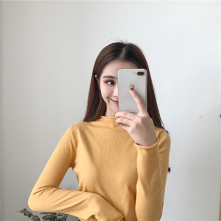 Da Ayi mềm mại, phần cashmere mỏng pha trộn nửa cổ cao chạm đáy áo sơ mi nữ dài tay mùa thu và áo len hoang dã mùa đông áo cardigan nữ