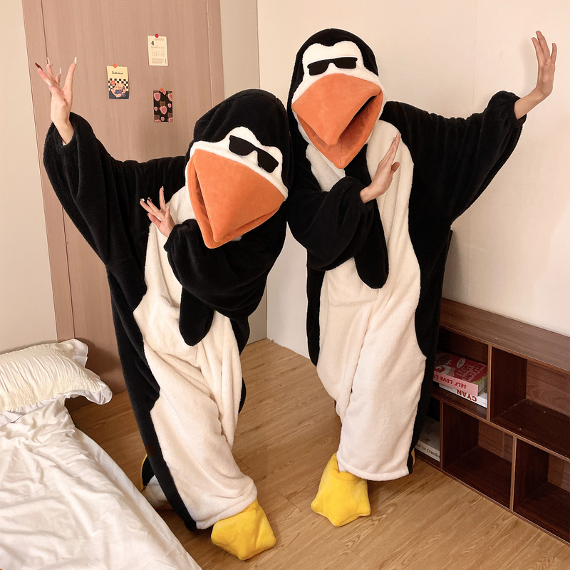 Elegant One-Piece Pajamas for Autumn and Winter, Thickened Coral Fleece Robe, Abstract Vulgar Penguin Emoji Loungewear
