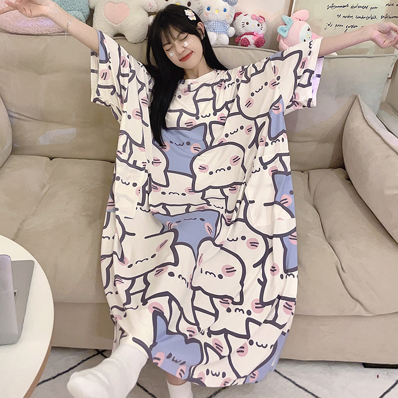 Cool Ice Silk Long Nightgown, Extra Large Size 150kg Pajamas for Women, Summer Loose Slimming Student Dress for Plus-Size Women