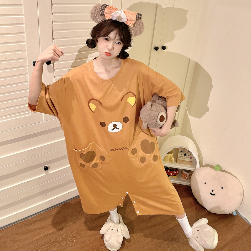 Cute Cartoon Rilakkuma Nightgown Summer Women's One-Piece Pure Cotton Pajamas Large Size 100kg Home Wear That Can Be Worn Outside