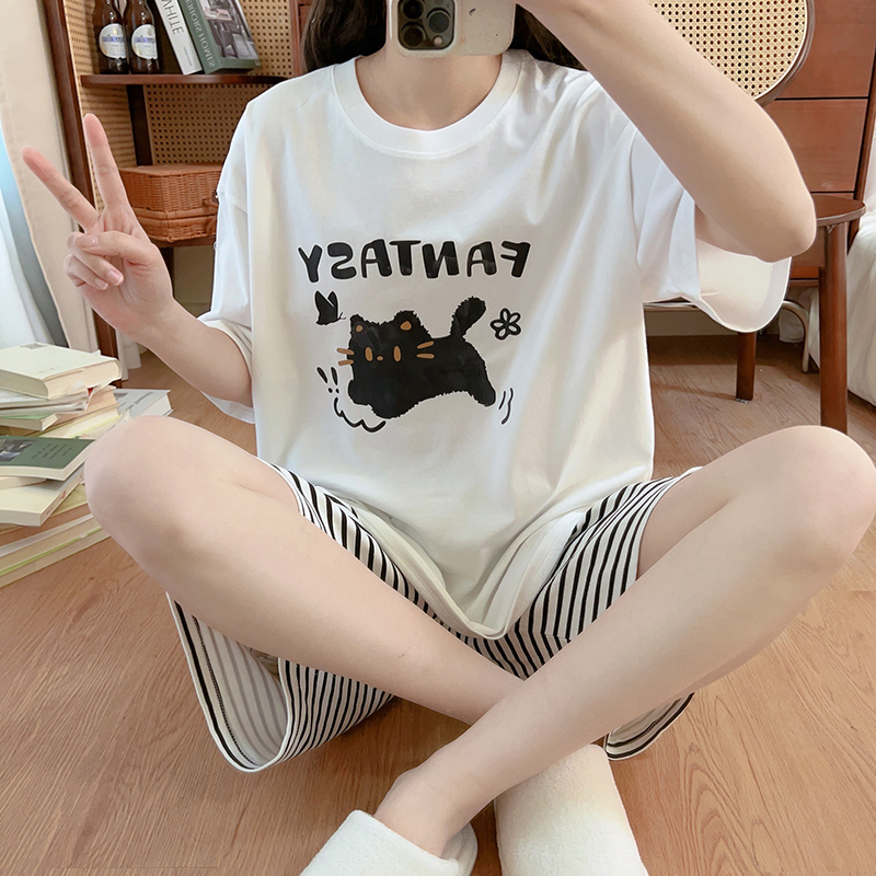 Plus Size Plus Size Fat mm 100kg Pajamas for Women Summer Short-Sleeved Pure Cotton Cute Black Cat Casual Loose Home Clothes
