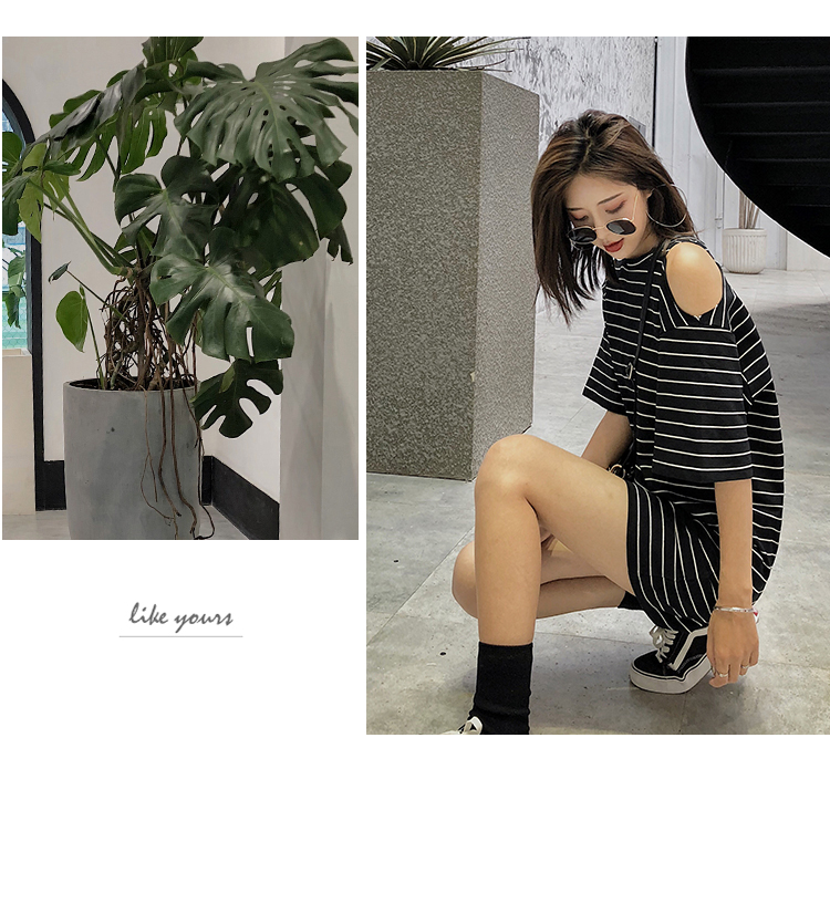 ◆ Yang Momo ◆ T-shirt váy chic váy cao eo 2018 mới thẳng quây đen sọc đầm 	váy thắt eo