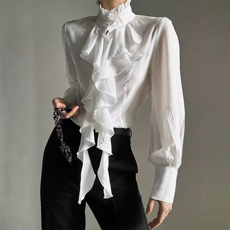 Dark French Court Style Retro Stand-Up Collar Ruffled Long-Sleeved Shirt for Men and Women, Unisex Style Ribbon Design Shirt Dark French Court Style Retro Stand-Up Collar Ruffled Long-Sleeved Shirt for Men and Women, Unisex Style Ribbon Design Shirt