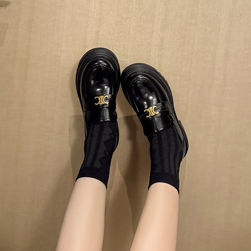 Thick-Soled Loafers, British Style Arc De Triomphe Small Leather Shoes, Women's Thick-Heeled Height-Increasing Shoes, Black Slip-On Genuine Leather Shoes