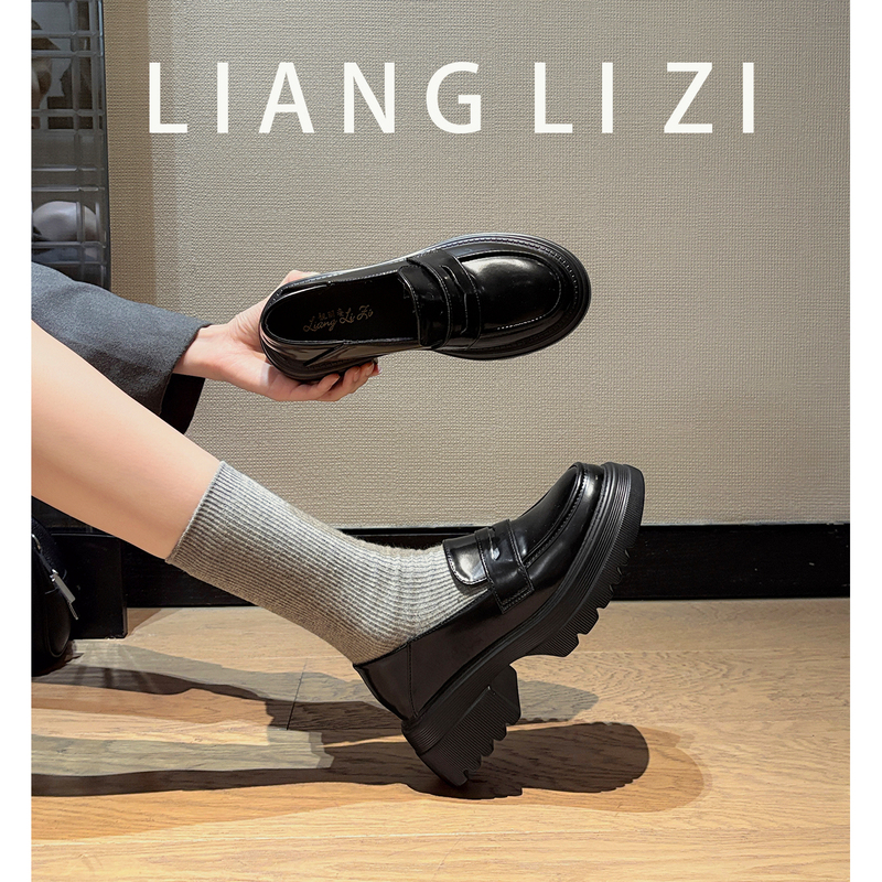 Thick-Soled Loafers, British Style Arc De Triomphe Small Leather Shoes, Women's Thick-Heeled Height-Increasing Shoes, Black Slip-On Genuine Leather Shoes