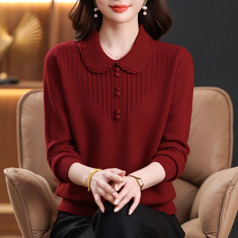 Elegant Red Sweater for Elderly Women, Suitable for Autumn and Winter, Perfect for the Mother of the Bride at a Wedding Banquet