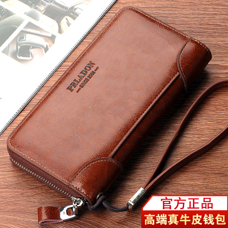 New Genuine Cowhide Brand Men's Leather Wallet Large Capacity Men's Clutch Bag Women's Long Zipper Bag Clutch Bag