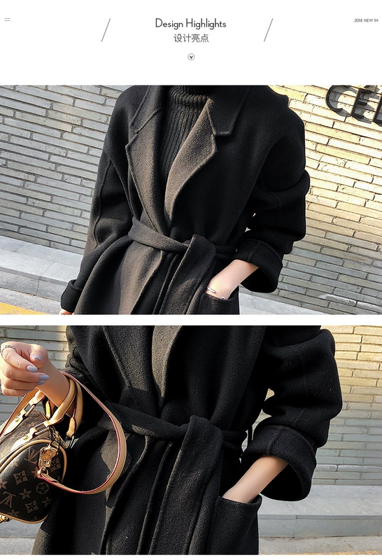 Áo khoác cashmere hai mặt màu đen thủ công Hepburn nữ mùa thu đông 2018 mới qua đầu gối áo len dài phần bóng - Accentuated eo áo
