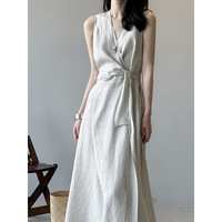 Yanshuang French Tencel Linen Sleeveless V-neck Dress Summer Korean Fashion Versatile Skirt 82313