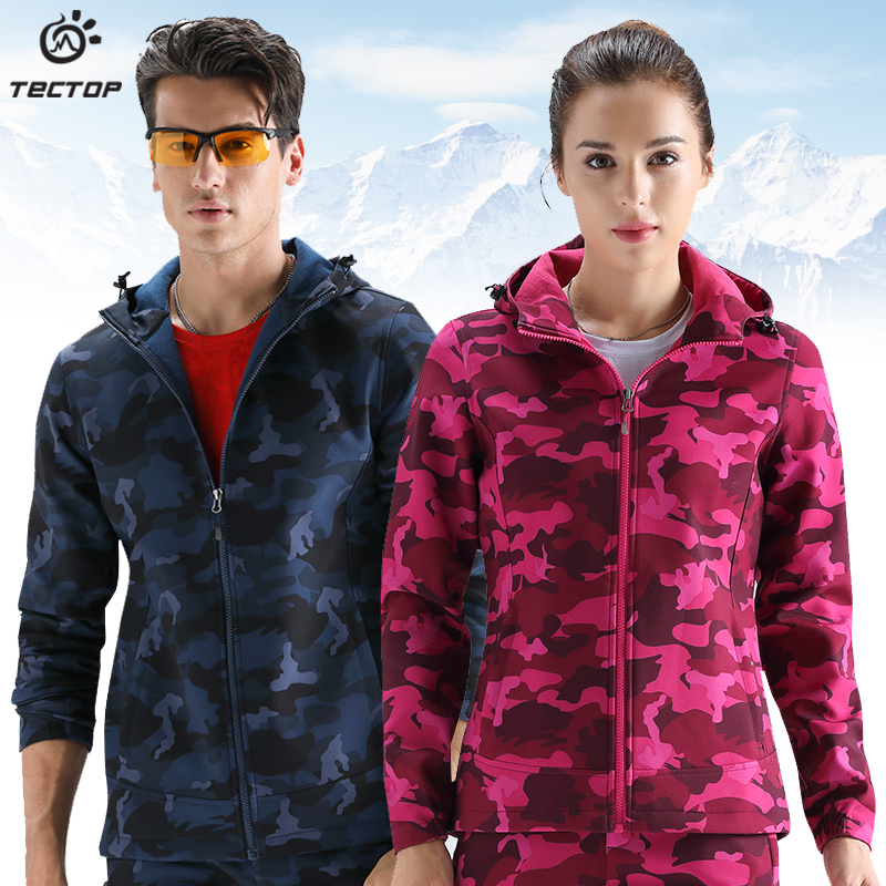 Explore autumn and winter outdoor camouflage soft shell clothing men's and women's sports mountaineering clothing waterproof plus velvet padded warm assault clothing tide