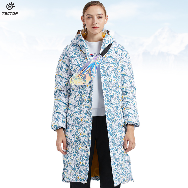 TECTOP explores outdoor winter mid-length version windproof hooded warm camouflage down jacket ladies anti-season jacket