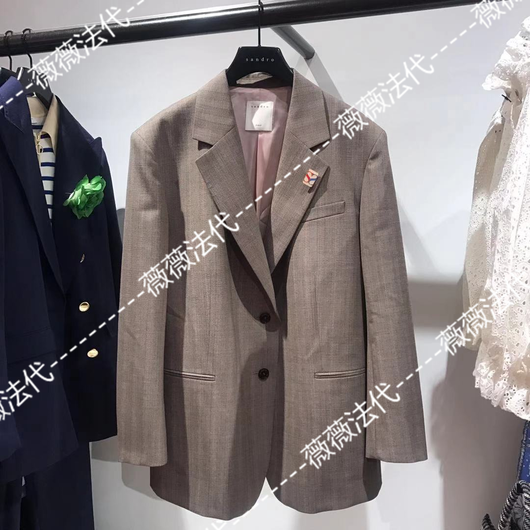 SANDRO Academy Wind Badge Herringbone Textured Buttons Straight Drum Suit Jacket 21 Autumn Winter