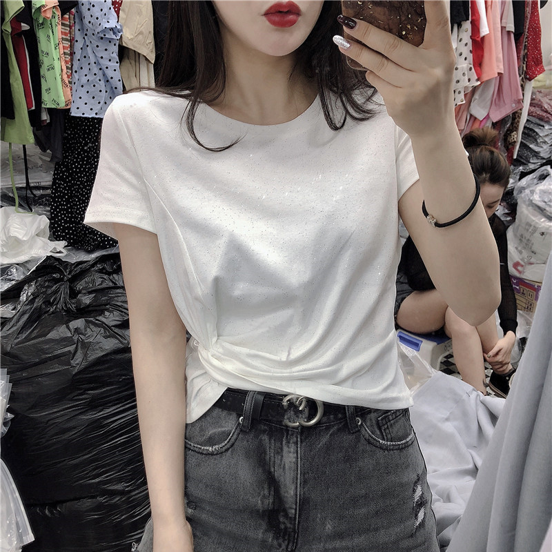 2026 Summer New Style Pure Cotton Regular Shoulder Short-Sleeve T-Shirt for Women, Slim Fit, Short Style, High-Waisted, Suitable for Petite Figures, Paired with Jeans Top