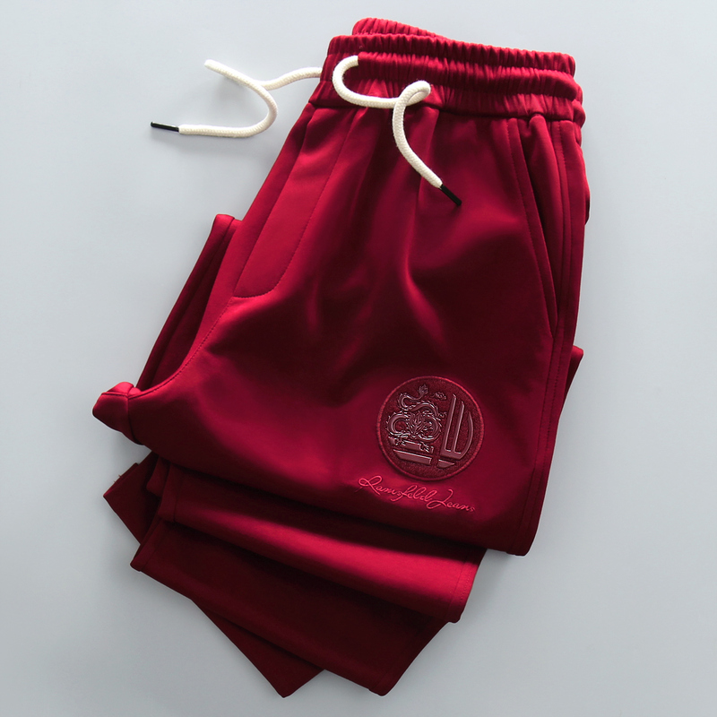 Trendy Brand Sports Pants for Men with Embroidered Fortune Character and Dragon Pattern, National Style Casual Long Pants, High-End Sweatpants for Autumn and Winter, Straight-Leg Men's Pants