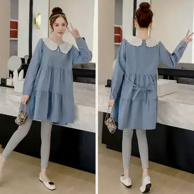 Pregnant women's spring dress fashion suit Western style small plaid pregnant skirt doll shirt Spring pregnant women's clothing women's clothing Women's clothing Women's clothing women's clothing women's clothing women's clothing women's clothing women's clothing