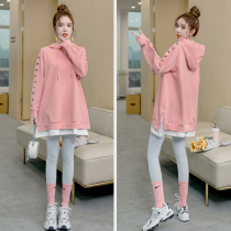 Fall new gestational woman dress with hat and clothing online red and fake two sets of fashion blouses Spring and fall pregnant clothes Chauma