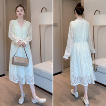 Pregnant Woman Lian Dress Fall Long Sleeves Lace Dress Cut of age Bottom Skirt Autumn Winter Fashion style Ocean Gas Net Red Gestation Women Dress