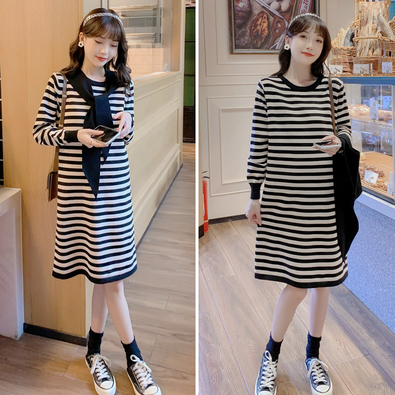 Pregnancy Woman Dress Autumn Winter Sweater Fashion style Dress Striped Jacket Head Long Dress Loose Knit Long Sleeve Skirt Winter Dress Woman