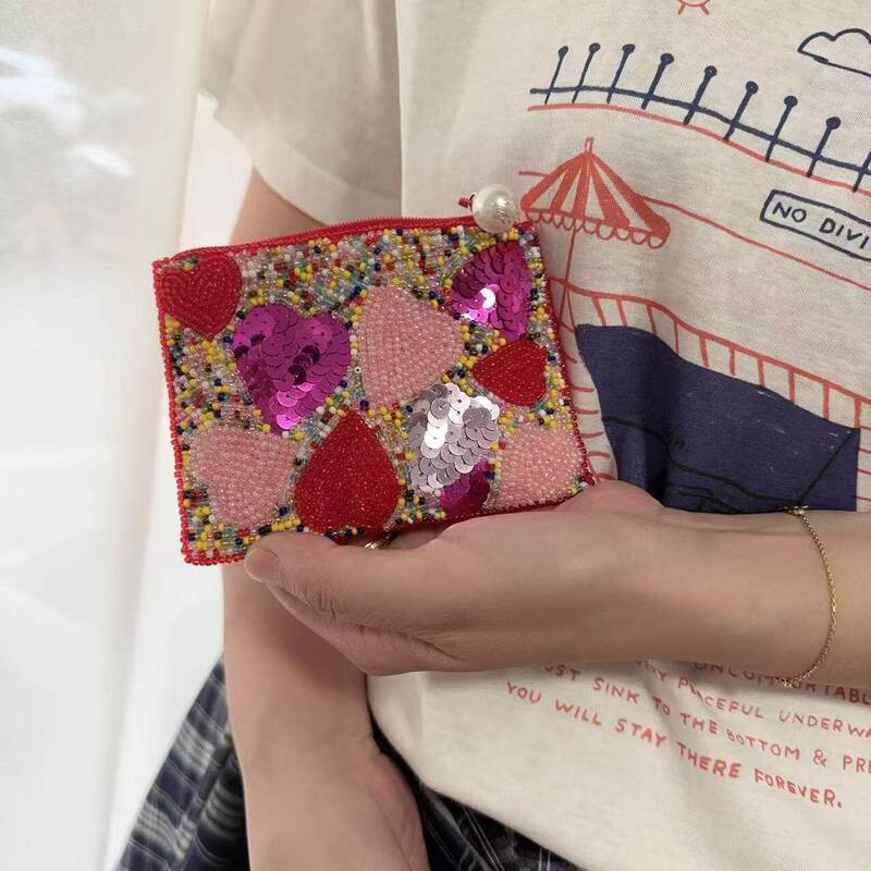 New Azalea Bead Embroidery Personalized European and American Style Sequin Heart Handmade Clutch Bag for Women, Sweet Card Holder, Student Small Bag